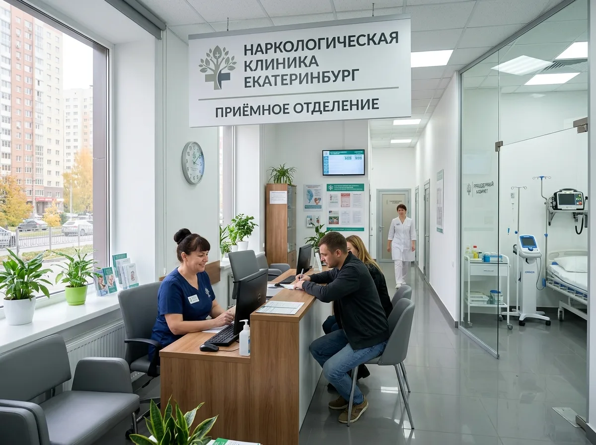 Современная наркологическая клиника в Екатеринбурге — приёмный покой, белые стены, медицинское оборудование, светлая профессиональная атмосфера