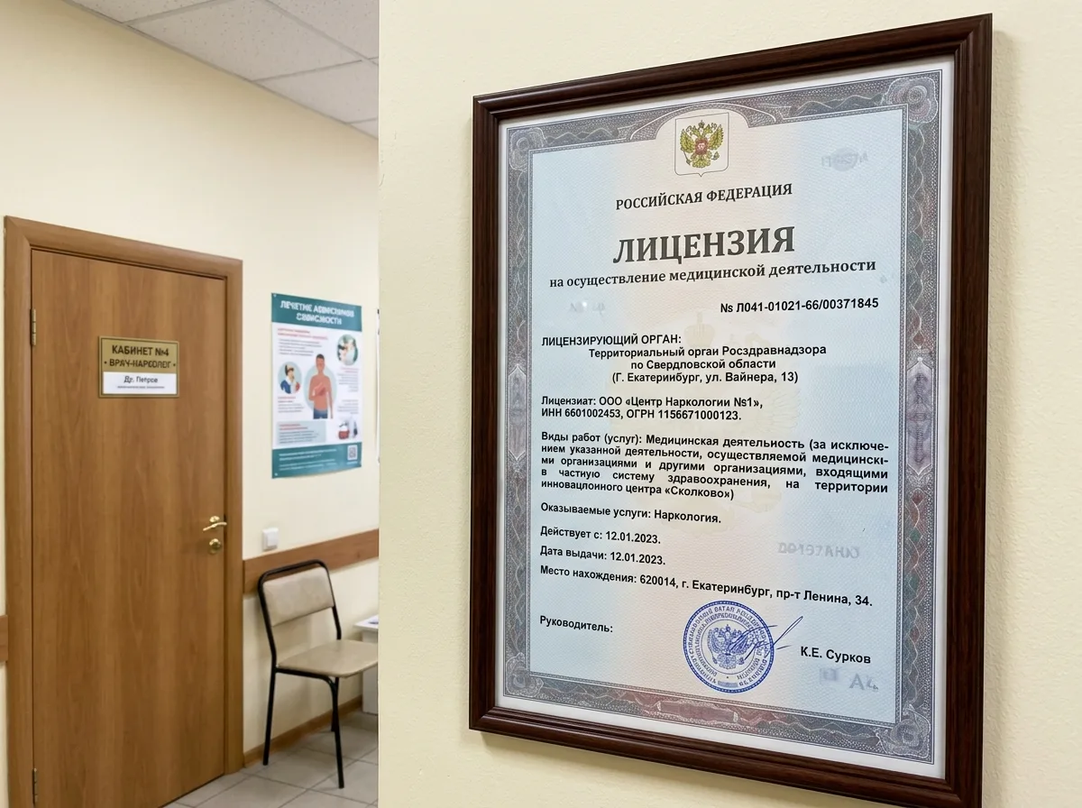 Лицензия на медицинскую деятельность № Л041-01021-66/00371845 от Росздравнадзора по Свердловской области — официальный документ разрешения на наркологическую практику